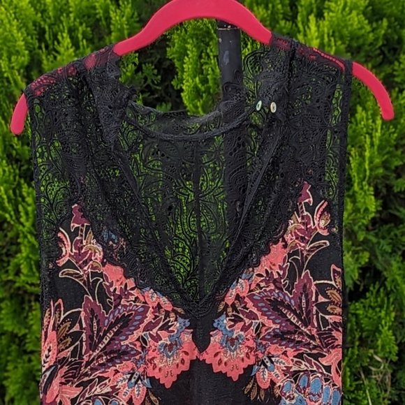 FREE PEOPLE Marsha Black Printed Lace flowy Slip Dress womens size Lg GUC - Picture 3 of 10